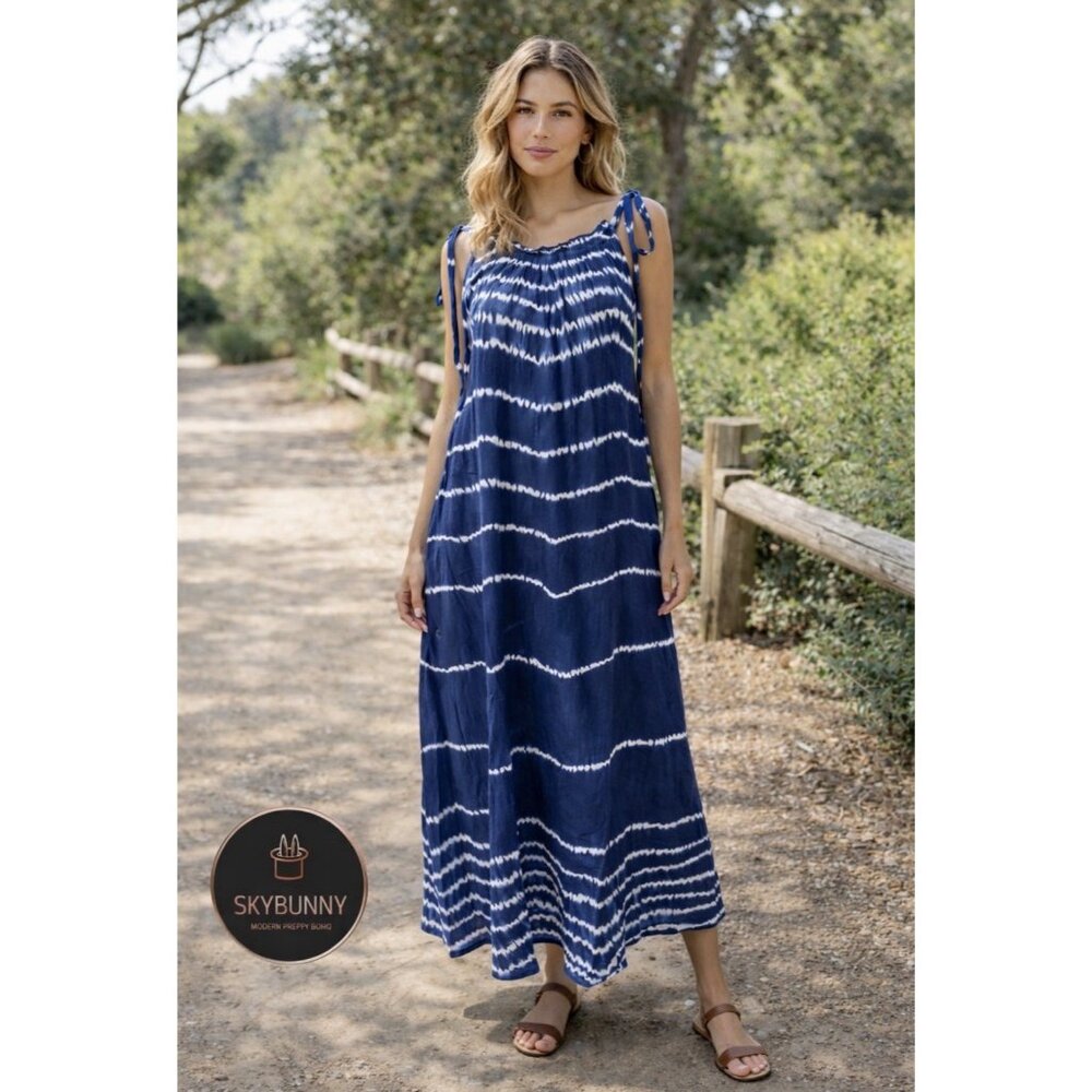 Ex Voto M/L Medium Large Maxi Dress Blue Tie Dye Iris Sundress Boho Style $198